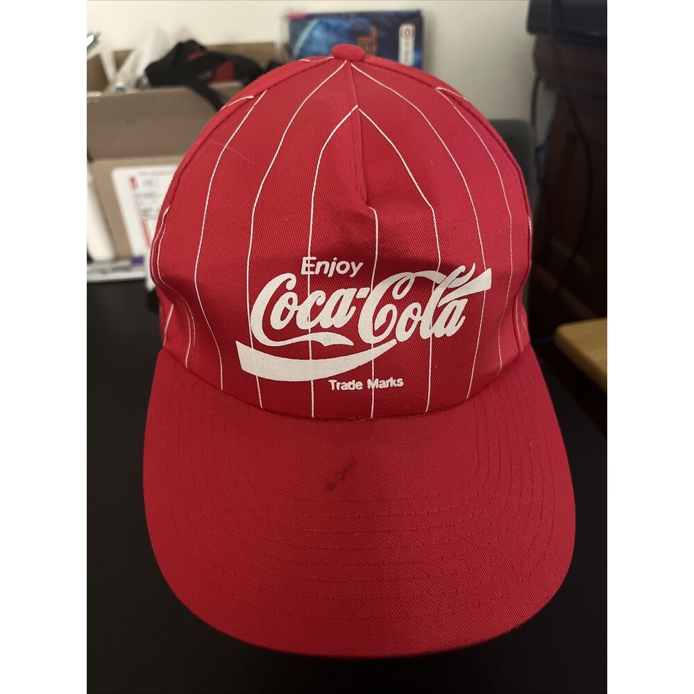 Vintage Coca-Cola Hat Headline Headwear Cardboard Brim 1980s Pinstripe White